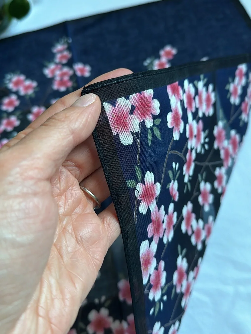 Floral Cherry Blossom Mountain Square Scarf - Navy & Pink
